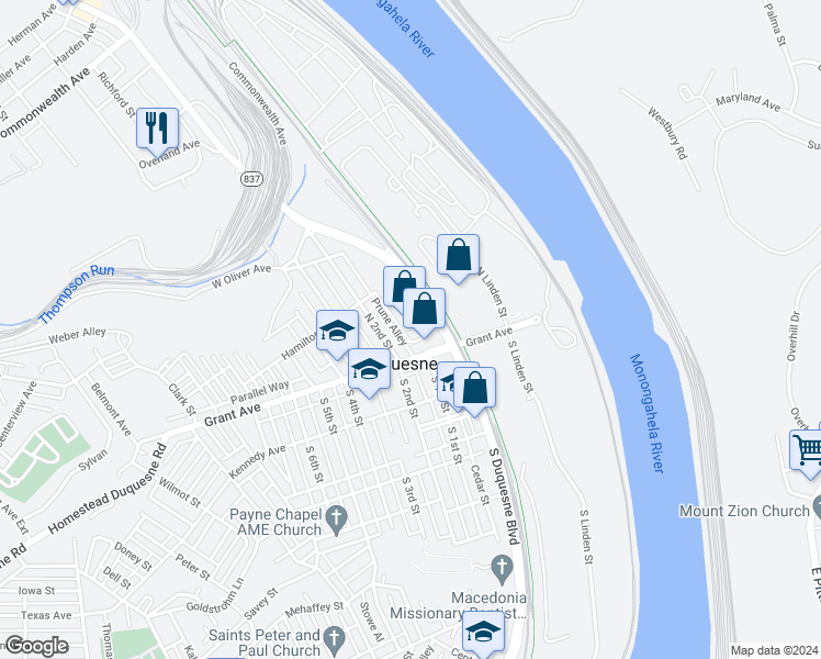map of restaurants, bars, coffee shops, grocery stores, and more near 23 Duquesne Boulevard in Duquesne