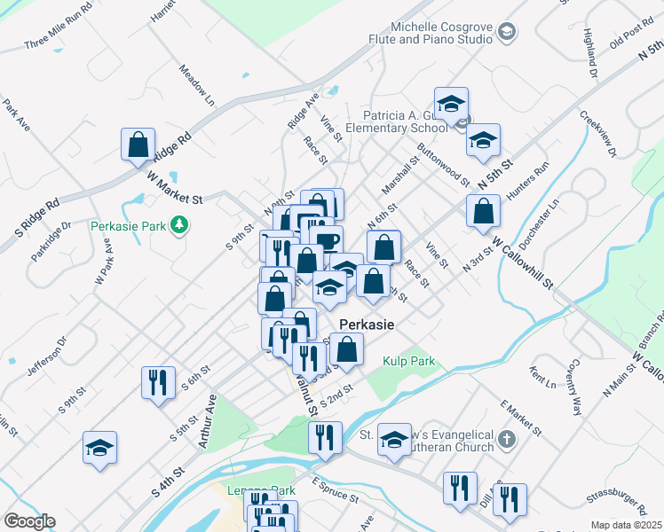 map of restaurants, bars, coffee shops, grocery stores, and more near 519 West Market Street in Perkasie