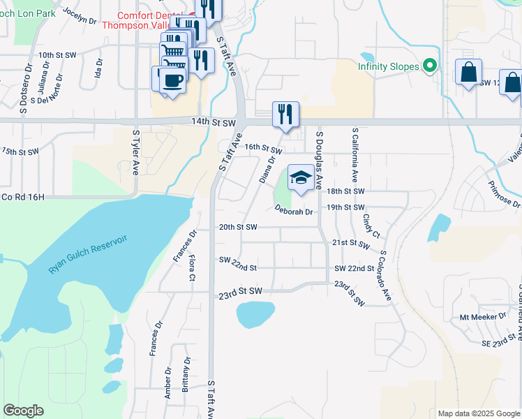 map of restaurants, bars, coffee shops, grocery stores, and more near 1032 Fuschia Court in Loveland