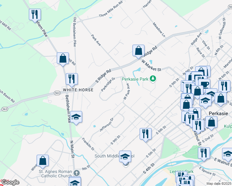 map of restaurants, bars, coffee shops, grocery stores, and more near 1305 Parkridge Court in Perkasie