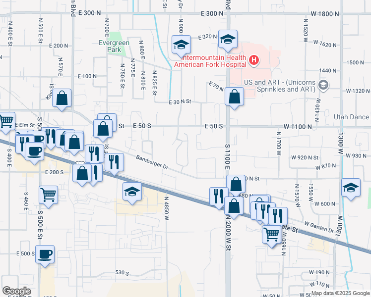 map of restaurants, bars, coffee shops, grocery stores, and more near 125 930 East in American Fork