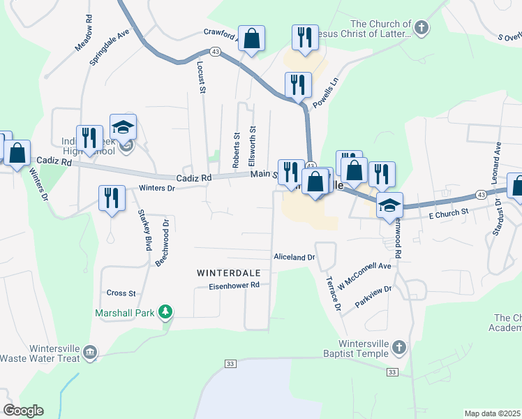 map of restaurants, bars, coffee shops, grocery stores, and more near 213 Woodridge Drive in Steubenville