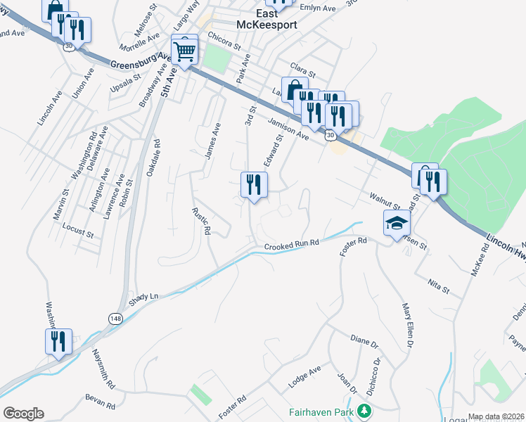 map of restaurants, bars, coffee shops, grocery stores, and more near 1107 Edward Street in North Versailles