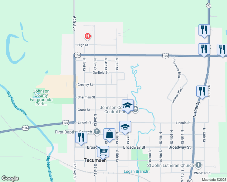 map of restaurants, bars, coffee shops, grocery stores, and more near 432 Sherman Street in Tecumseh