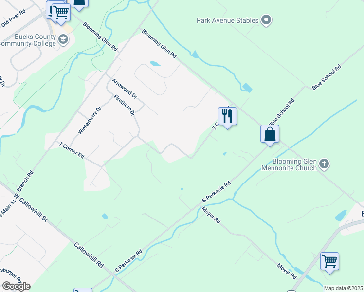 map of restaurants, bars, coffee shops, grocery stores, and more near 1210 7 Corner Road in Perkasie