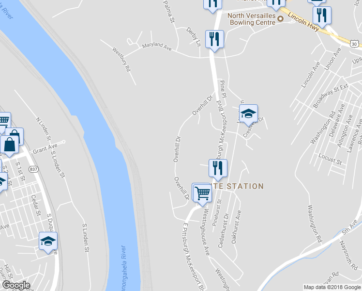 map of restaurants, bars, coffee shops, grocery stores, and more near 638 Overhill Drive in North Versailles
