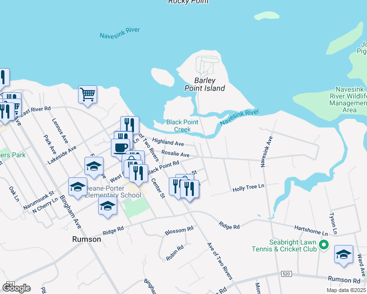 map of restaurants, bars, coffee shops, grocery stores, and more near 28 Highland Avenue in Rumson