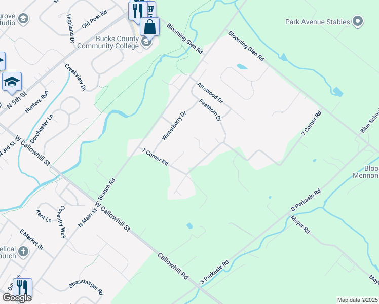 map of restaurants, bars, coffee shops, grocery stores, and more near 1645 7 Corner Road in Perkasie