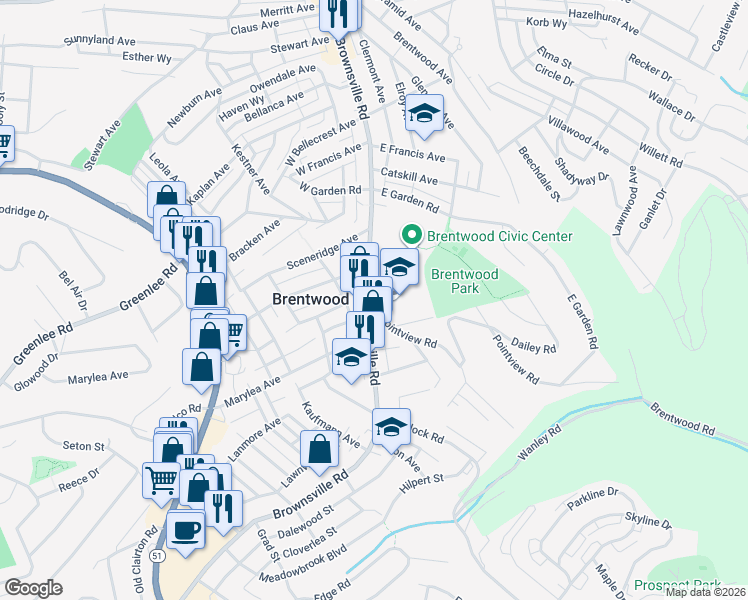 map of restaurants, bars, coffee shops, grocery stores, and more near 3528 Brownsville Road in Pittsburgh