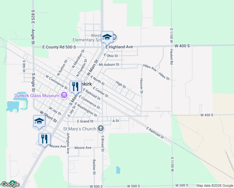 map of restaurants, bars, coffee shops, grocery stores, and more near 405-445 East North Street in Dunkirk