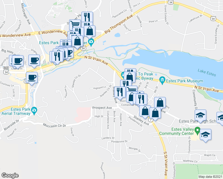 map of restaurants, bars, coffee shops, grocery stores, and more near 179 Stanley Circle Drive in Estes Park