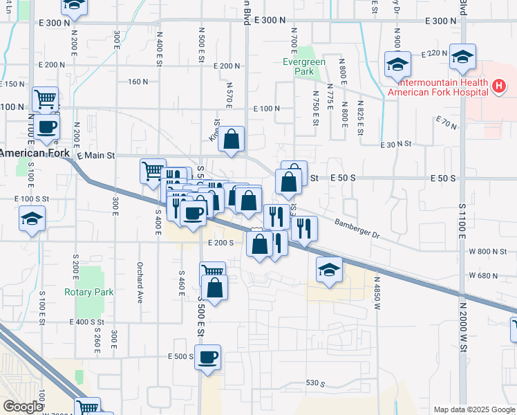 map of restaurants, bars, coffee shops, grocery stores, and more near 658 East 110 South in American Fork