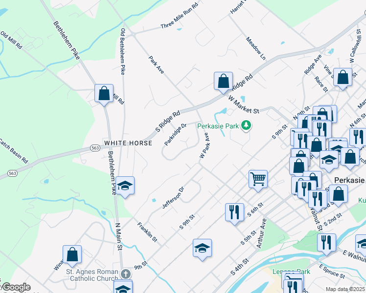 map of restaurants, bars, coffee shops, grocery stores, and more near 259 Parkridge Drive in Perkasie