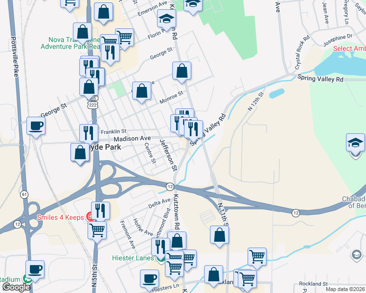 map of restaurants, bars, coffee shops, grocery stores, and more near 2546 Kutztown Road in Reading