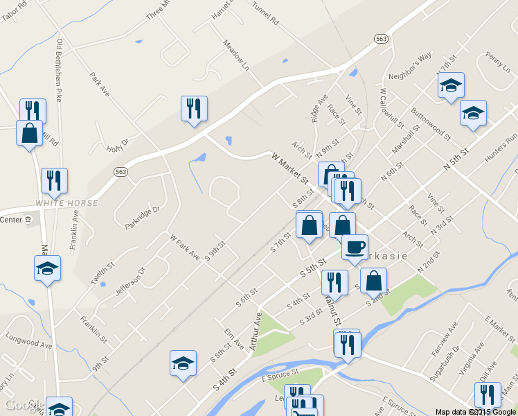 map of restaurants, bars, coffee shops, grocery stores, and more near 200 South 9th Street in Perkasie