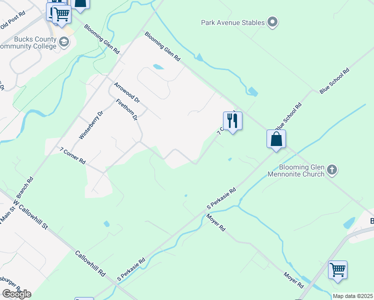 map of restaurants, bars, coffee shops, grocery stores, and more near 1210 7 Corner Road in Perkasie