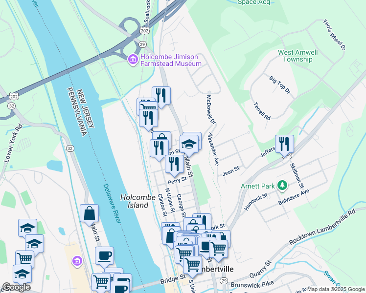 map of restaurants, bars, coffee shops, grocery stores, and more near 68 Elm Street in Lambertville