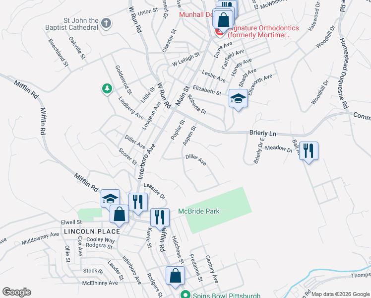 map of restaurants, bars, coffee shops, grocery stores, and more near 411 Diller Avenue in West Mifflin