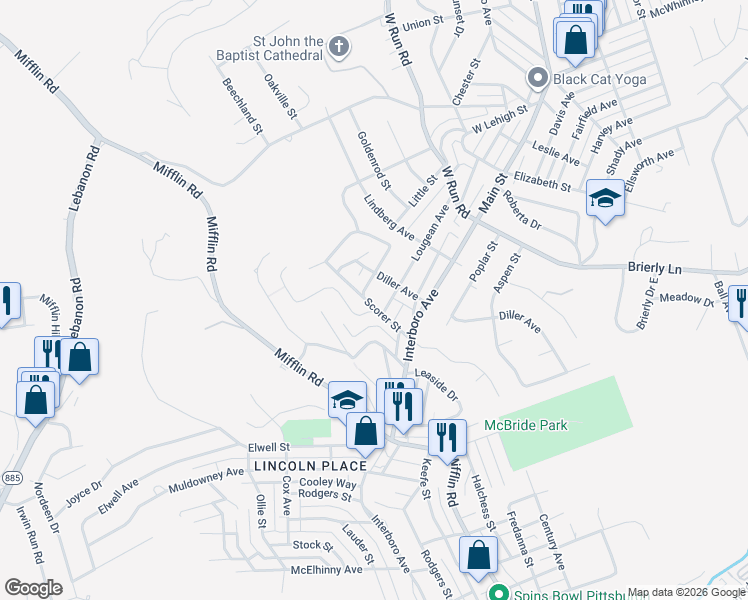 map of restaurants, bars, coffee shops, grocery stores, and more near 1151 Scorer Street in Pittsburgh
