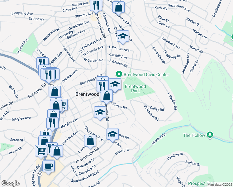 map of restaurants, bars, coffee shops, grocery stores, and more near 3601 Brownsville Road in Pittsburgh