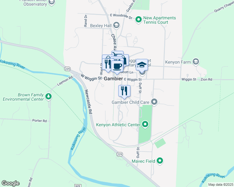 map of restaurants, bars, coffee shops, grocery stores, and more near 106 College Park Drive in Gambier