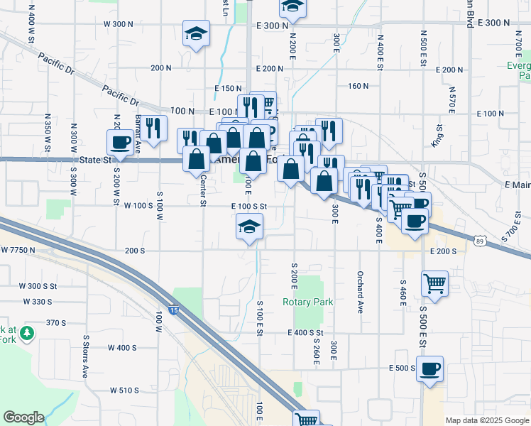 map of restaurants, bars, coffee shops, grocery stores, and more near 146 East 100 South Street in American Fork