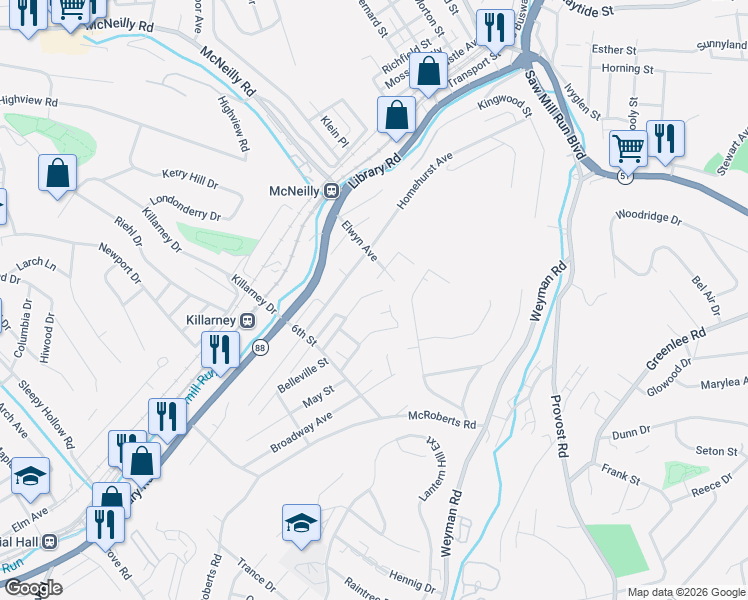 map of restaurants, bars, coffee shops, grocery stores, and more near 2902 May Street Extension in Pittsburgh
