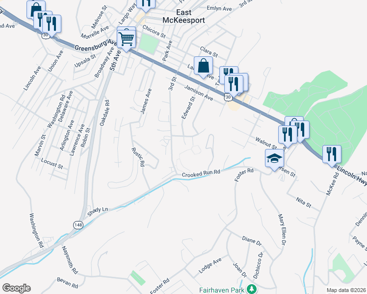 map of restaurants, bars, coffee shops, grocery stores, and more near 1107 Edward Street in North Versailles