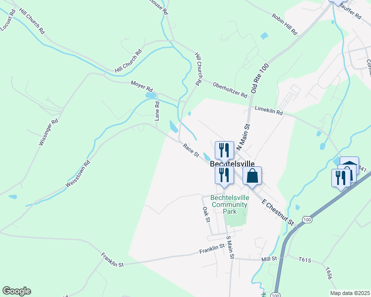 map of restaurants, bars, coffee shops, grocery stores, and more near 82 Race Street in Bechtelsville