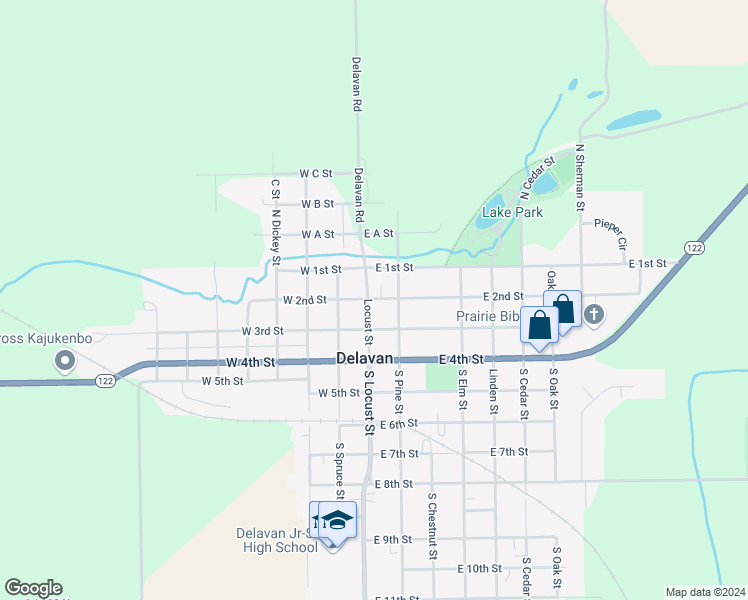 map of restaurants, bars, coffee shops, grocery stores, and more near 200 Locust Street in Delavan