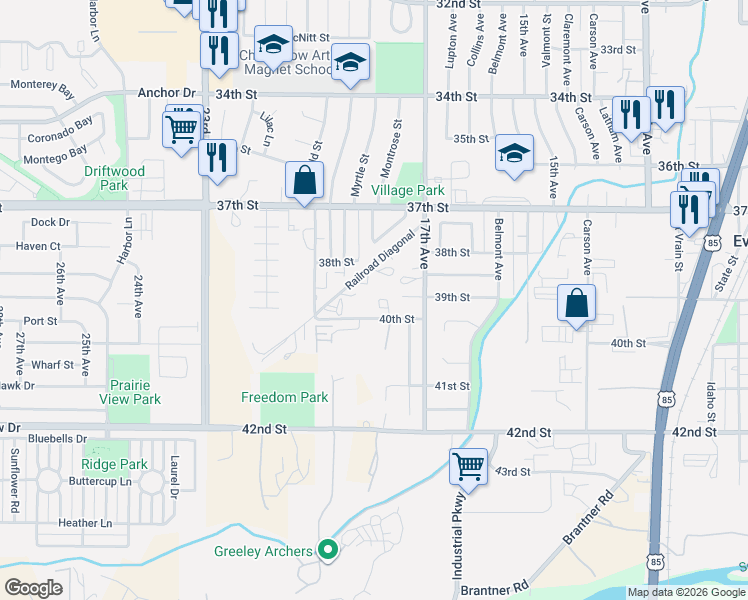 map of restaurants, bars, coffee shops, grocery stores, and more near 1749 Rowan Lane in Evans
