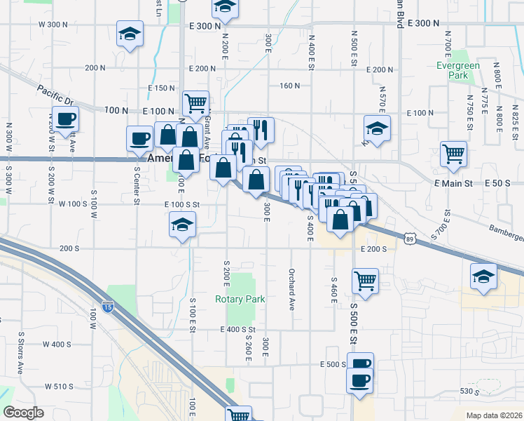 map of restaurants, bars, coffee shops, grocery stores, and more near 126 South 300 East in American Fork
