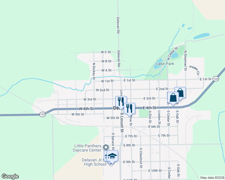 map of restaurants, bars, coffee shops, grocery stores, and more near 201 South Spruce Street in Delavan