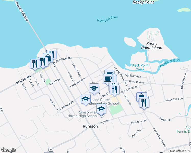 map of restaurants, bars, coffee shops, grocery stores, and more near 14 Bruce Place in Rumson