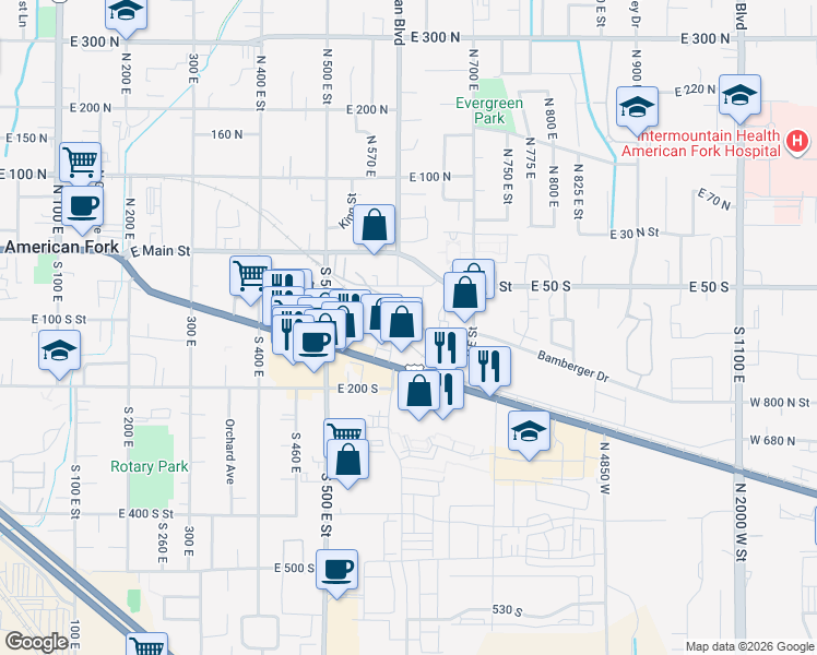 map of restaurants, bars, coffee shops, grocery stores, and more near 618 East 110 South in American Fork