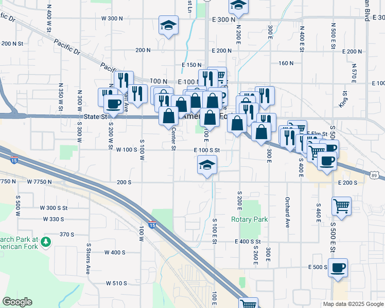 map of restaurants, bars, coffee shops, grocery stores, and more near 128 South 100 East in American Fork