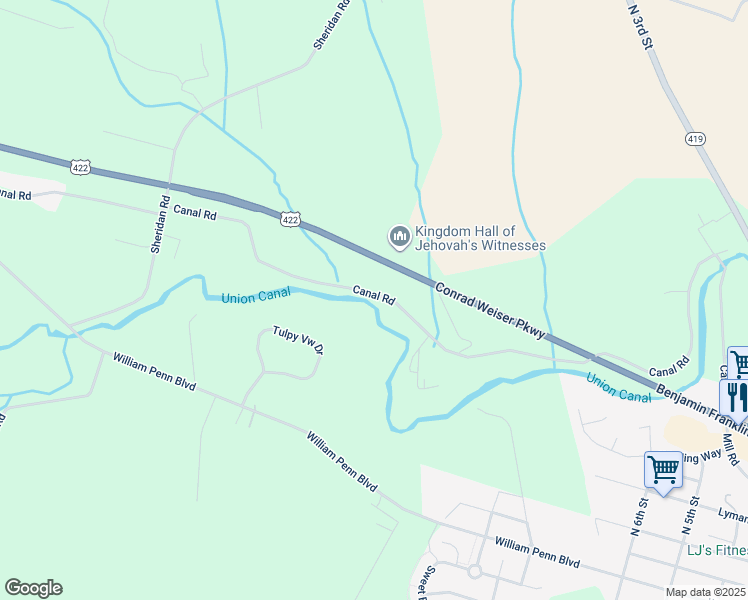 map of restaurants, bars, coffee shops, grocery stores, and more near 630 Canal Road in Womelsdorf