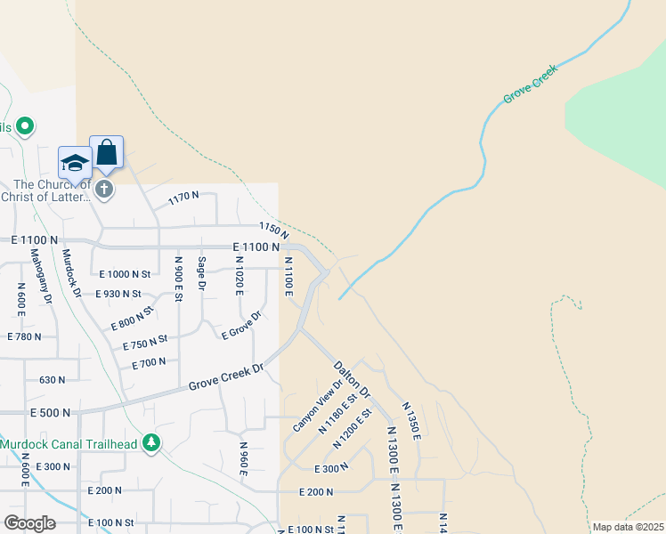 map of restaurants, bars, coffee shops, grocery stores, and more near 1085 East Grove Creek Drive in Pleasant Grove