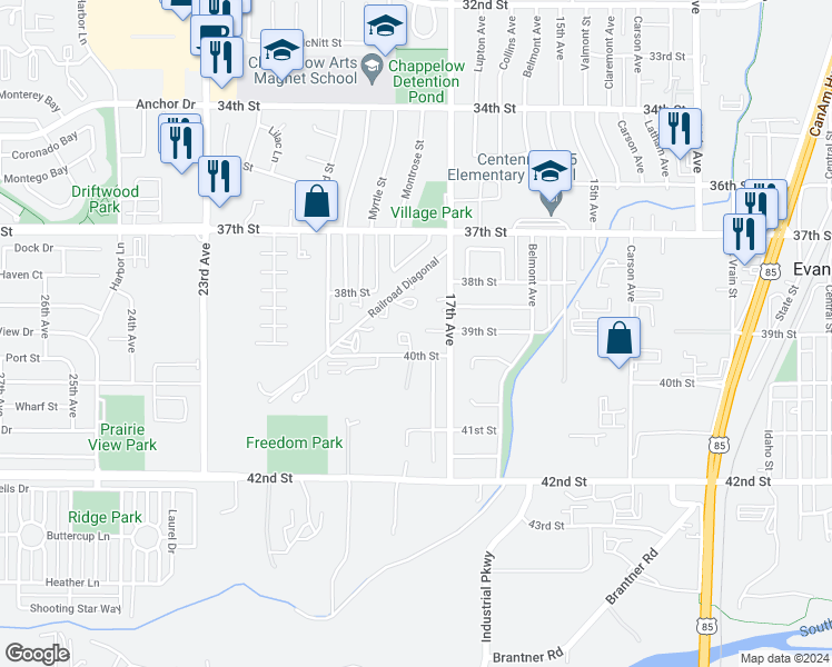 map of restaurants, bars, coffee shops, grocery stores, and more near 1713 40th Street in Evans