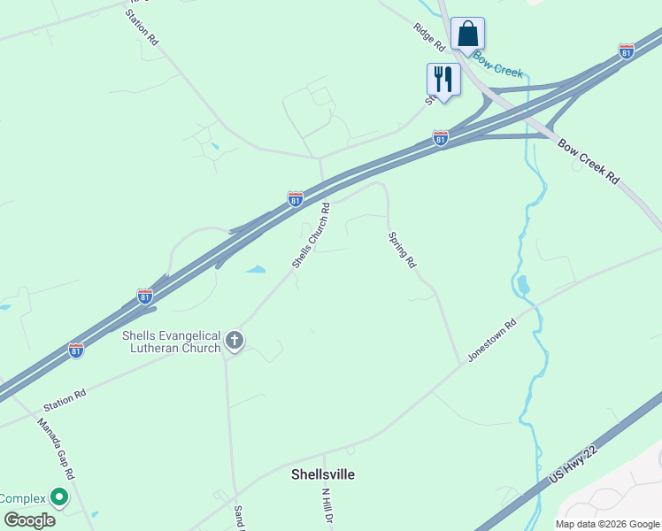 map of restaurants, bars, coffee shops, grocery stores, and more near 478 Shells Church Road in Grantville