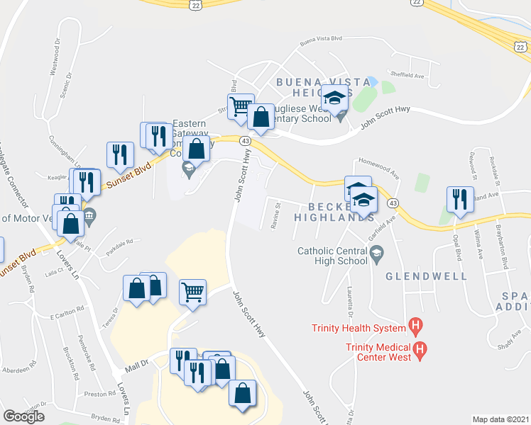 map of restaurants, bars, coffee shops, grocery stores, and more near 229 Ravine Street in Steubenville