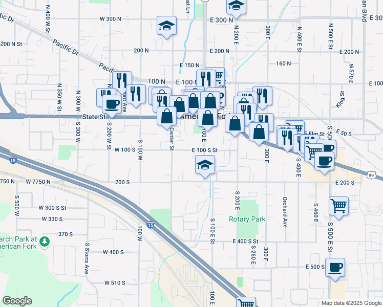 map of restaurants, bars, coffee shops, grocery stores, and more near 128 South 100 East in American Fork