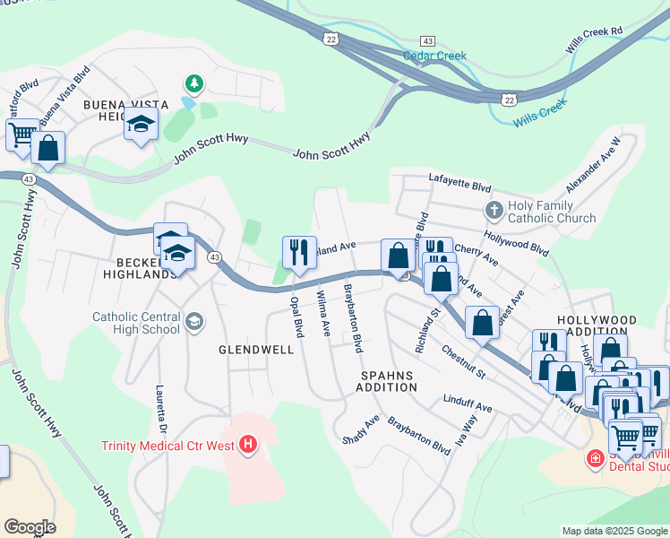 map of restaurants, bars, coffee shops, grocery stores, and more near 2814-2898 Sunset Boulevard in Steubenville