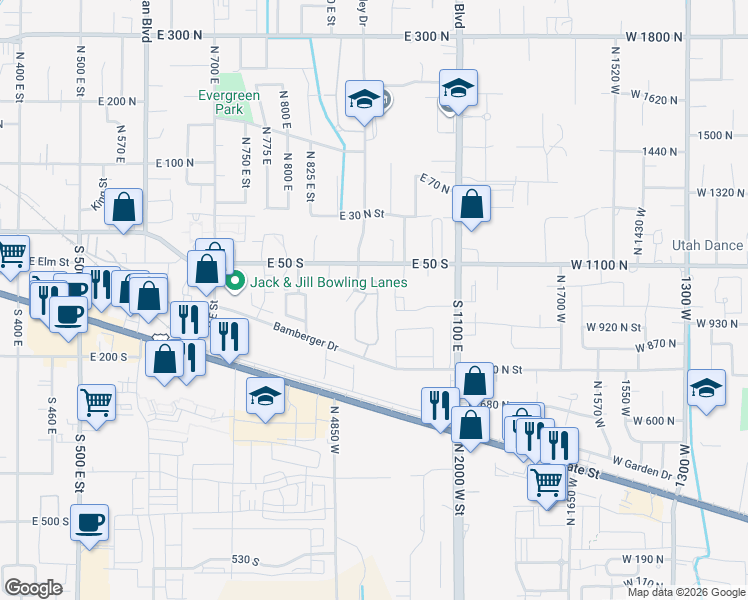 map of restaurants, bars, coffee shops, grocery stores, and more near 86 930 East in American Fork