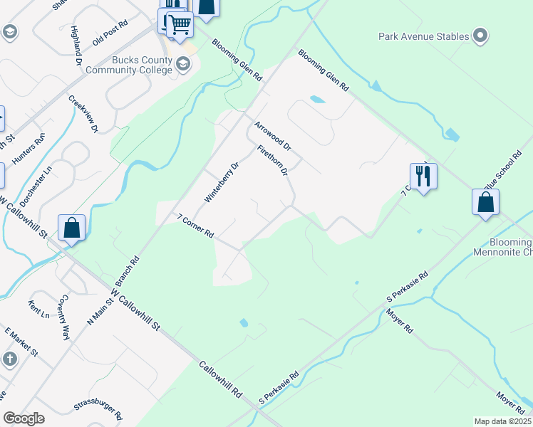 map of restaurants, bars, coffee shops, grocery stores, and more near 1511 7 Corner Road in Perkasie