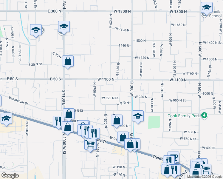 map of restaurants, bars, coffee shops, grocery stores, and more near 1502 West State Road in Pleasant Grove