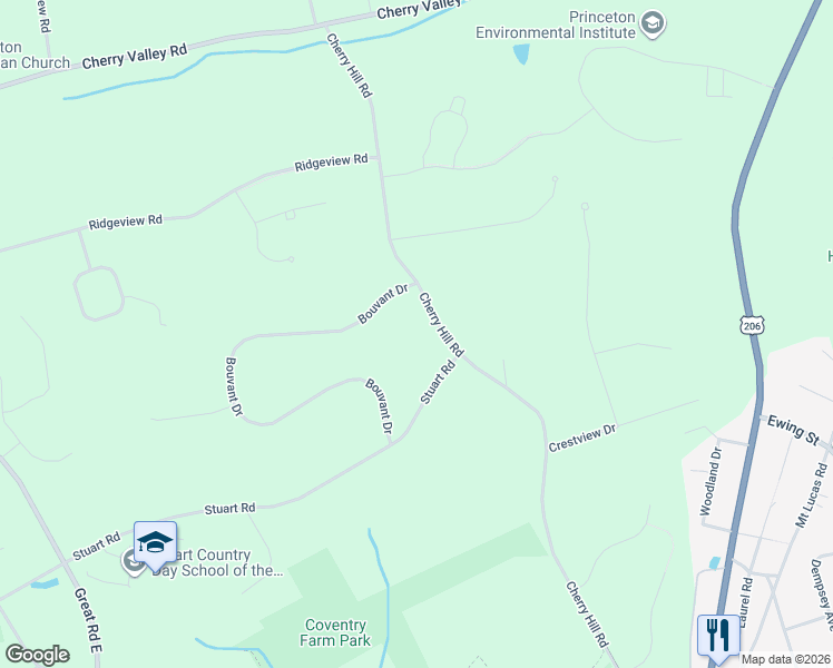 map of restaurants, bars, coffee shops, grocery stores, and more near 448 Cherry Hill Road in Princeton