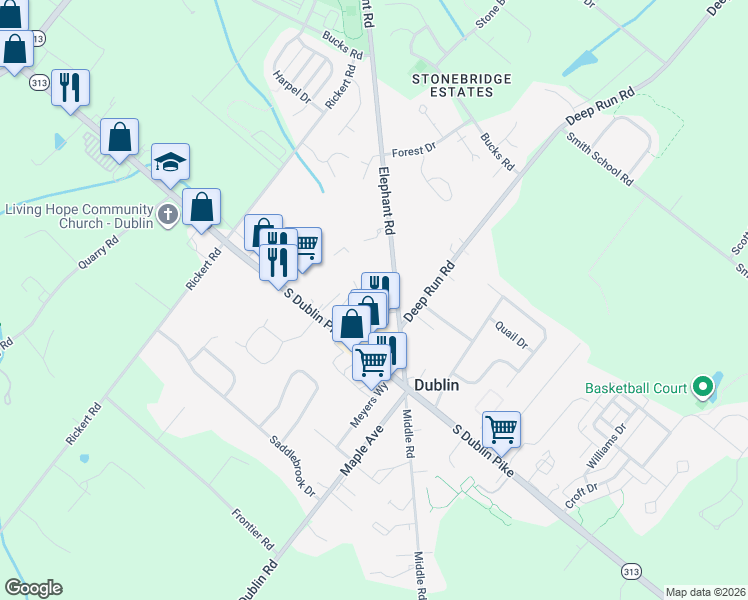 map of restaurants, bars, coffee shops, grocery stores, and more near 222 Center Drive in Dublin