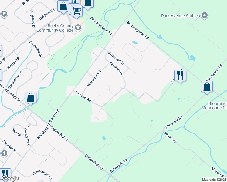 map of restaurants, bars, coffee shops, grocery stores, and more near 1511 7 Corner Road in Perkasie