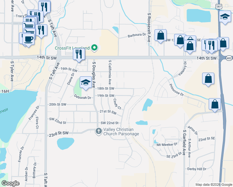map of restaurants, bars, coffee shops, grocery stores, and more near 706 19th Street Southwest in Loveland